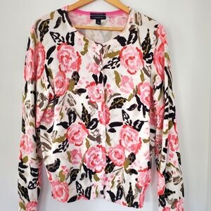 LANDS' END L Floral 100% Supima Cotton Button LS Cardigan Sweater Cottage Granny